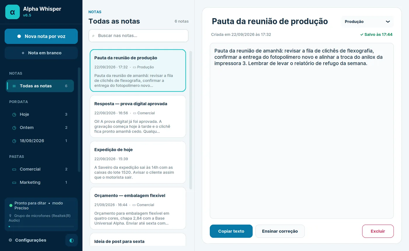 Tela do Alpha Whisper no tema claro: menu de notas e pastas à esquerda, lista de notas no meio e o texto da nota aberta à direita.