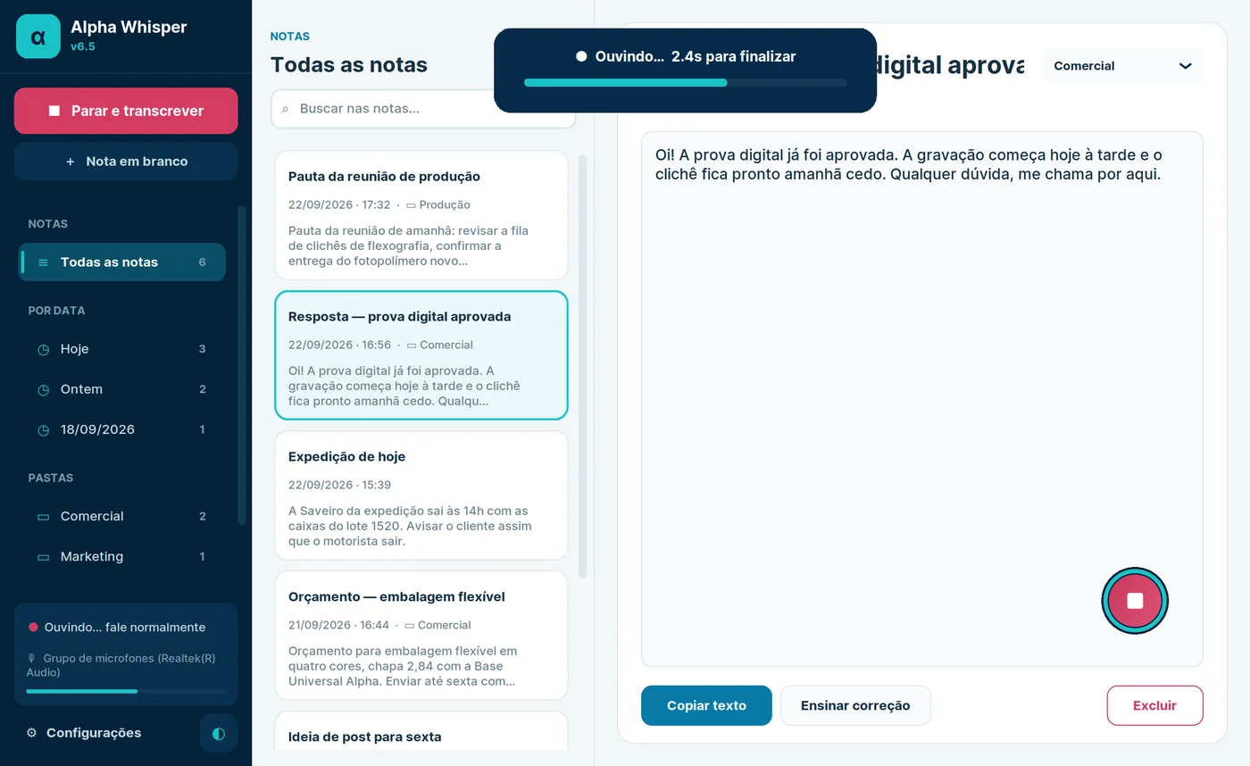 Tela do Alpha Whisper durante a gravação, com o aviso “Ouvindo” e a contagem para finalizar, e o texto já transcrito na nota.