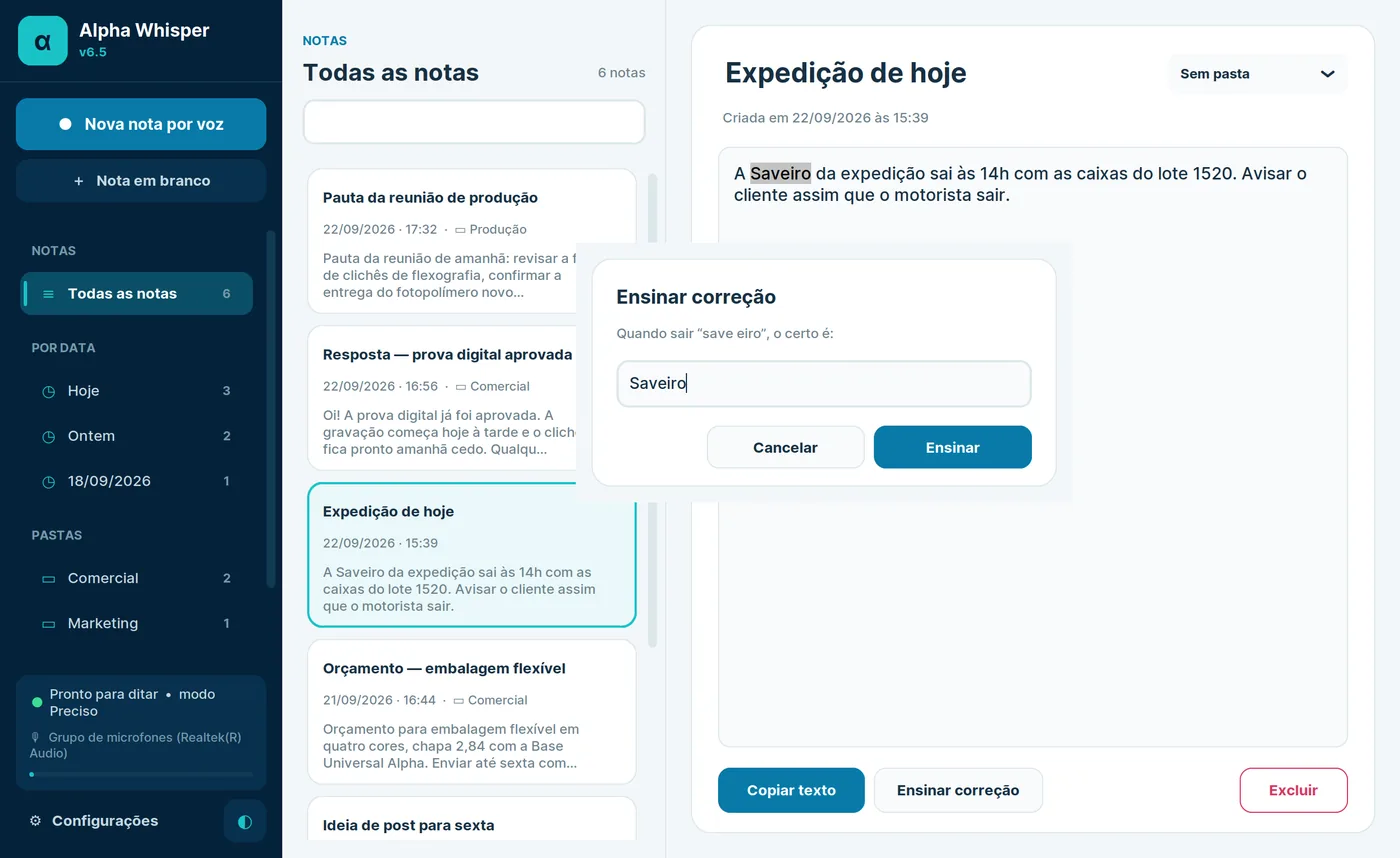 Caixa “Ensinar correção” do Alpha Whisper, trocando “salve eiro” por “Saveiro” na nota aberta.