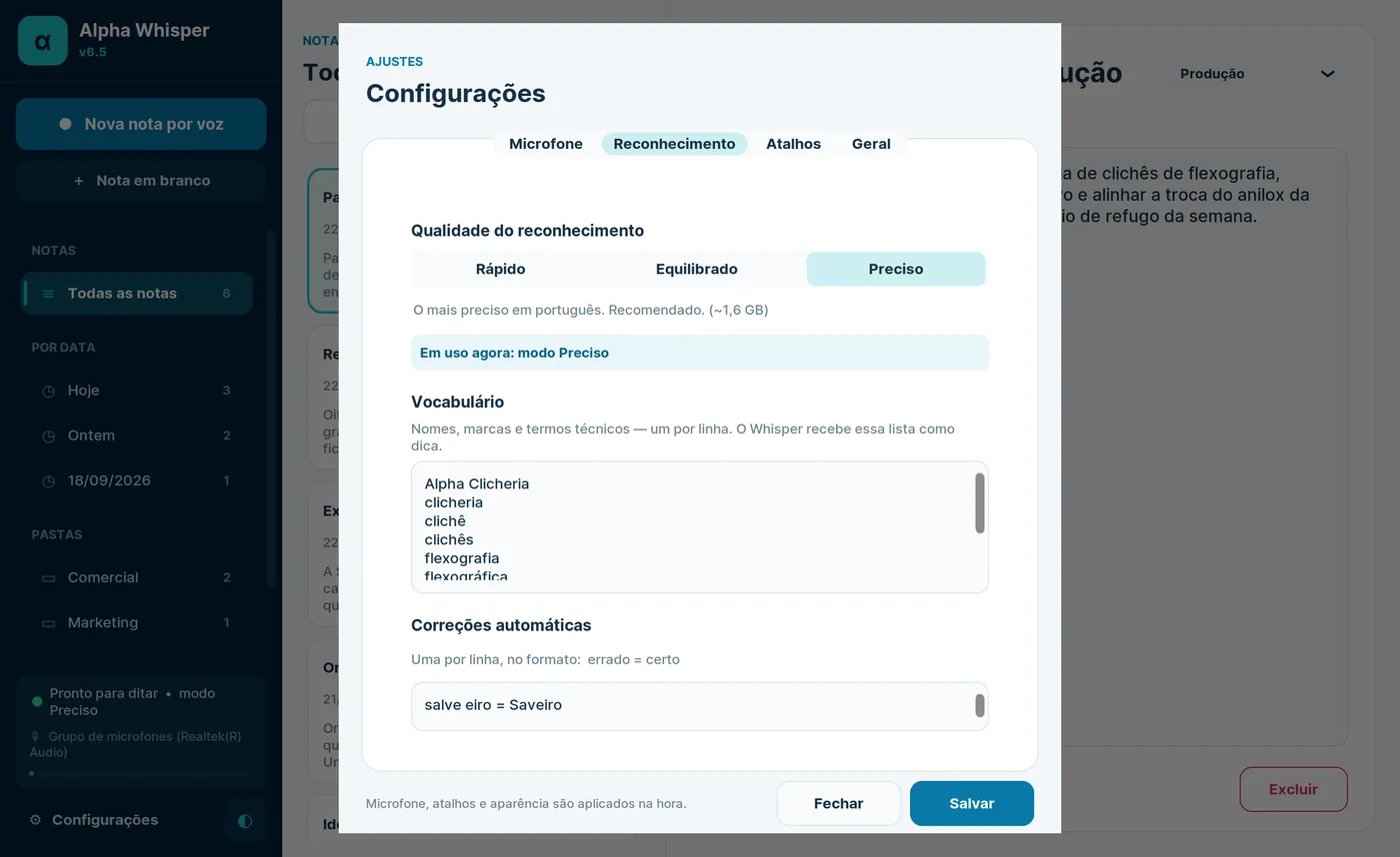 Aba de reconhecimento das configurações, com os três modos, a lista de vocabulário da clicheria e as correções automáticas.
