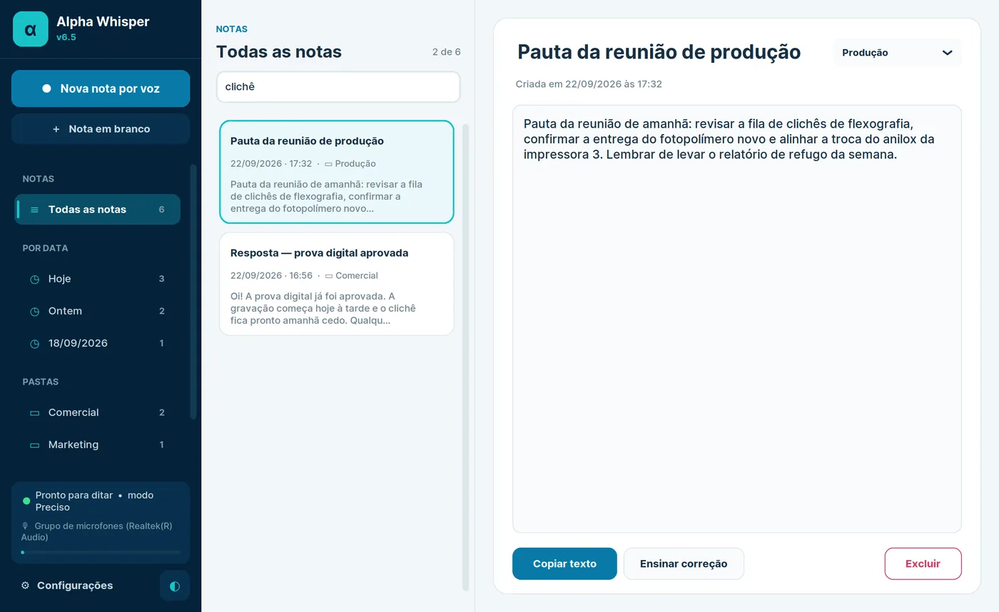 Busca do Alpha Whisper filtrando as notas pela palavra “clichê”.