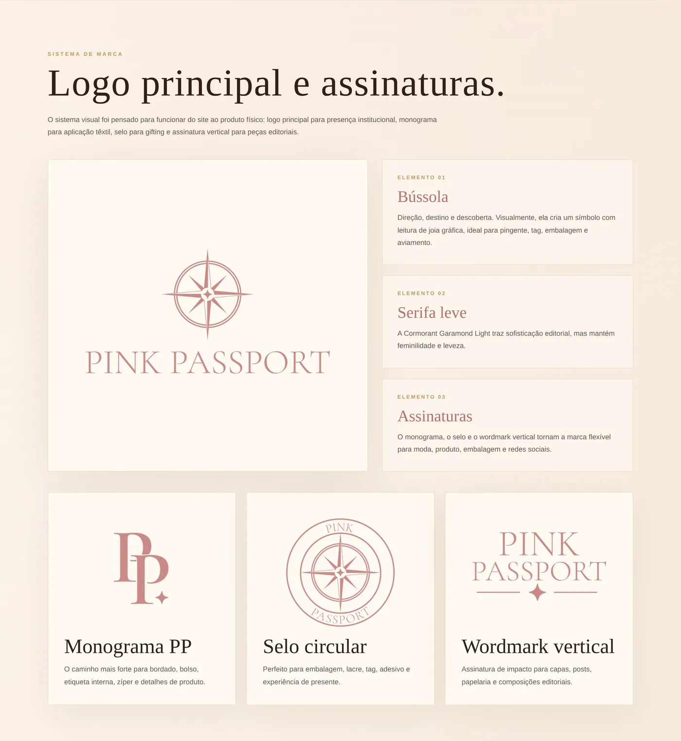 Página do brandbook com o logo principal, o monograma PP, o selo circular e o wordmark vertical.