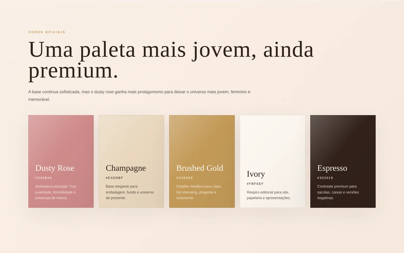 Página do brandbook com as cinco cores da Pink Passport e seus códigos.