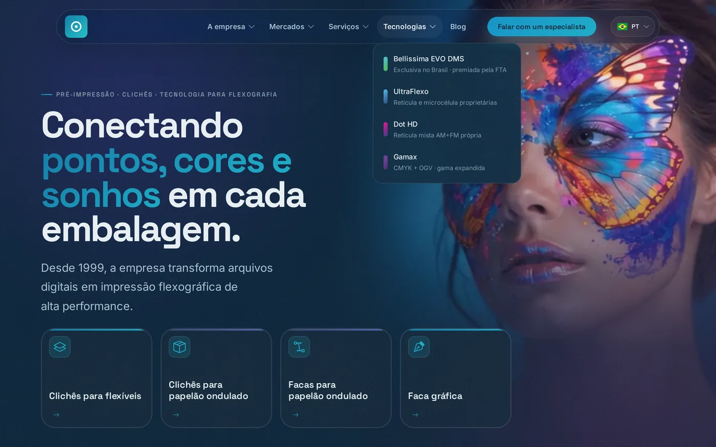Página inicial do site: manchete sobre pontos, cores e sonhos em cada embalagem, quatro atalhos por mercado e o menu de tecnologias aberto.
