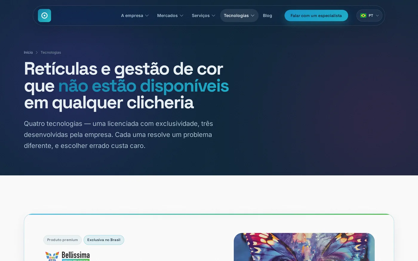 Página de tecnologias do site, com a manchete sobre retículas e gestão de cor que não estão disponíveis em qualquer clicheria.