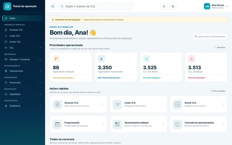 Tela inicial do sistema interno, com o menu lateral e o painel de prioridades.