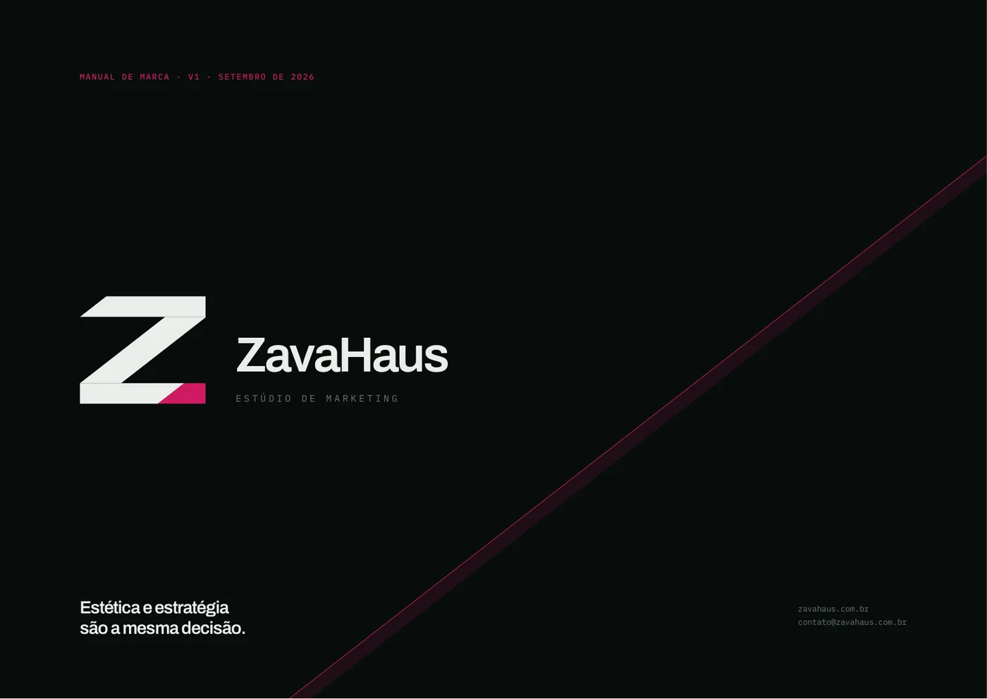 Capa do brandbook da ZavaHaus, com o símbolo em Z e a diagonal magenta.