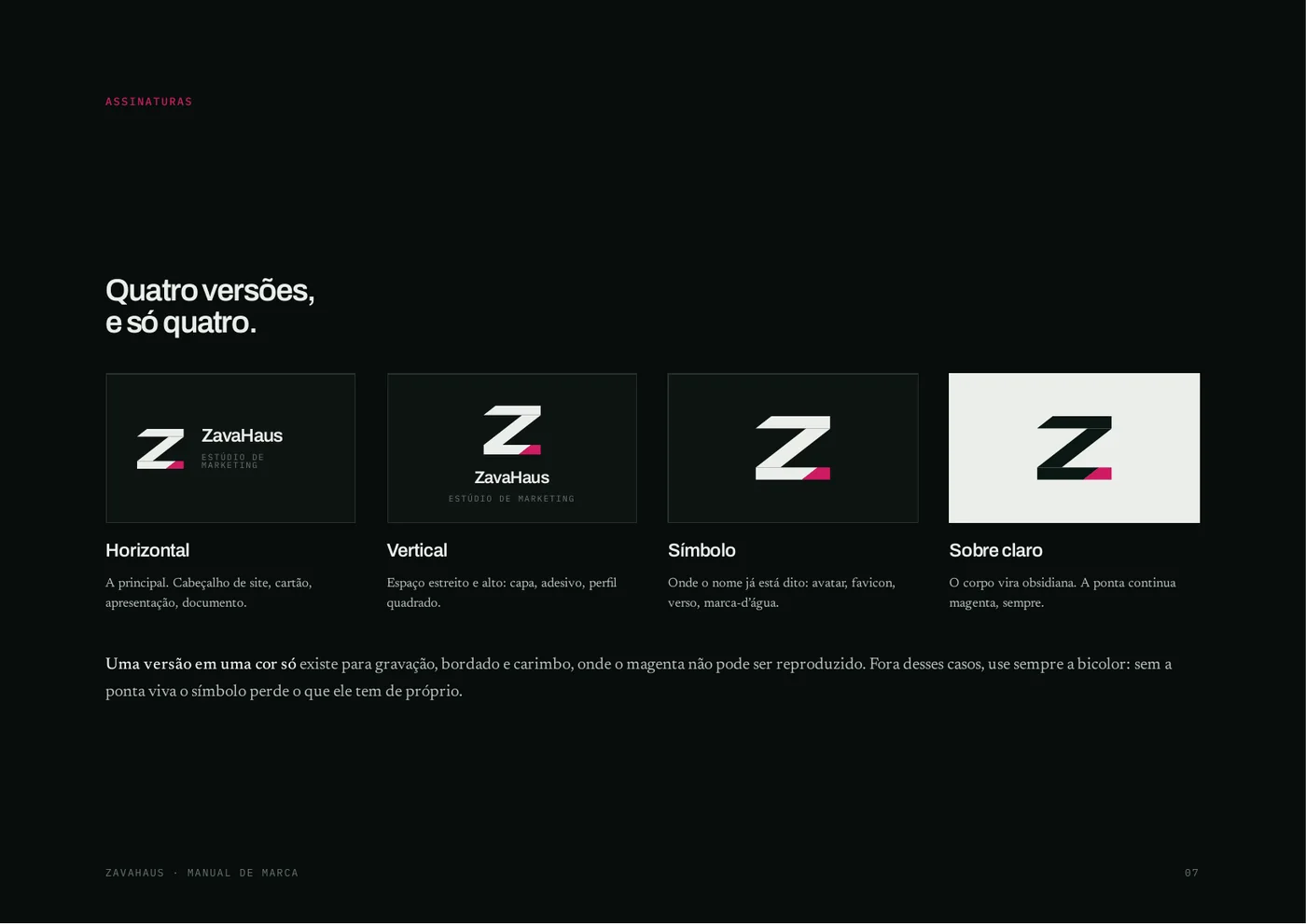 Página do brandbook com as quatro versões autorizadas da assinatura.